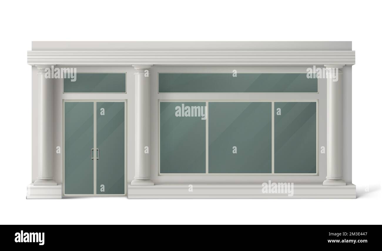 Store Front mit Glastür, Fenster und weißen Steinsäulen. Vektor realistische Modell der Gebäudefassade von Vintage-Shop, Boutique, Markt oder Restaurant mit klassischen Schaufenster Stock Vektor