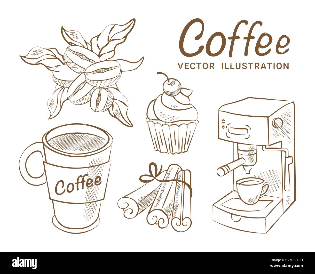 Skizzieren Sie das Kaffeeset, zeichnen Sie von Hand Vektor Kaffeemaschine Zimt Kaffeeglas Stock Vektor