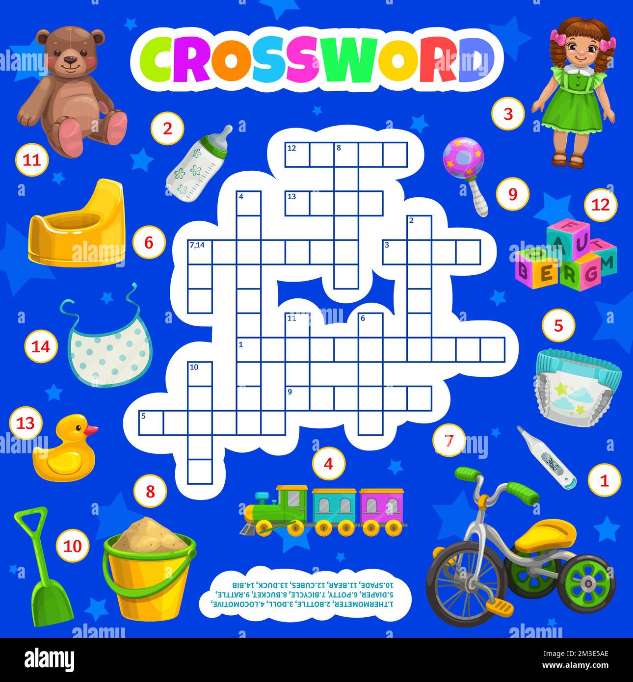 Kinder Spielzeuge und Accessoires Kreuzworträtsel-Arbeitsblatt finden Sie ein Wort-Quiz. Vektorthermometer, Flasche, Puppe und Lokomotive, Windel, Töpfchen, Fahrrad und Eimer. Rassel, Spaten, Bär und Würfel, Ente oder Lätzchen Stock Vektor