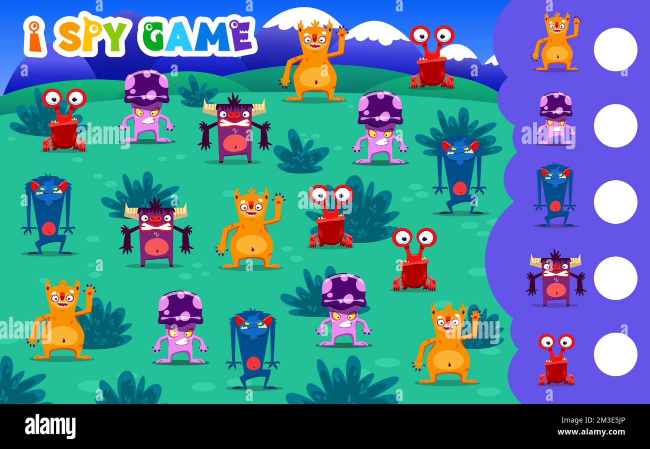 Ich sehe Spielmonster-Charaktere, Kinder-Vektor-pädagogisches Puzzle. Entwicklung von Rechenkompetenz und Aufmerksamkeit, Karikaturrätsel-Arbeitsblatt. Mathematikunterricht für Kindergarten, Schule, Vorschulkinder Stock Vektor