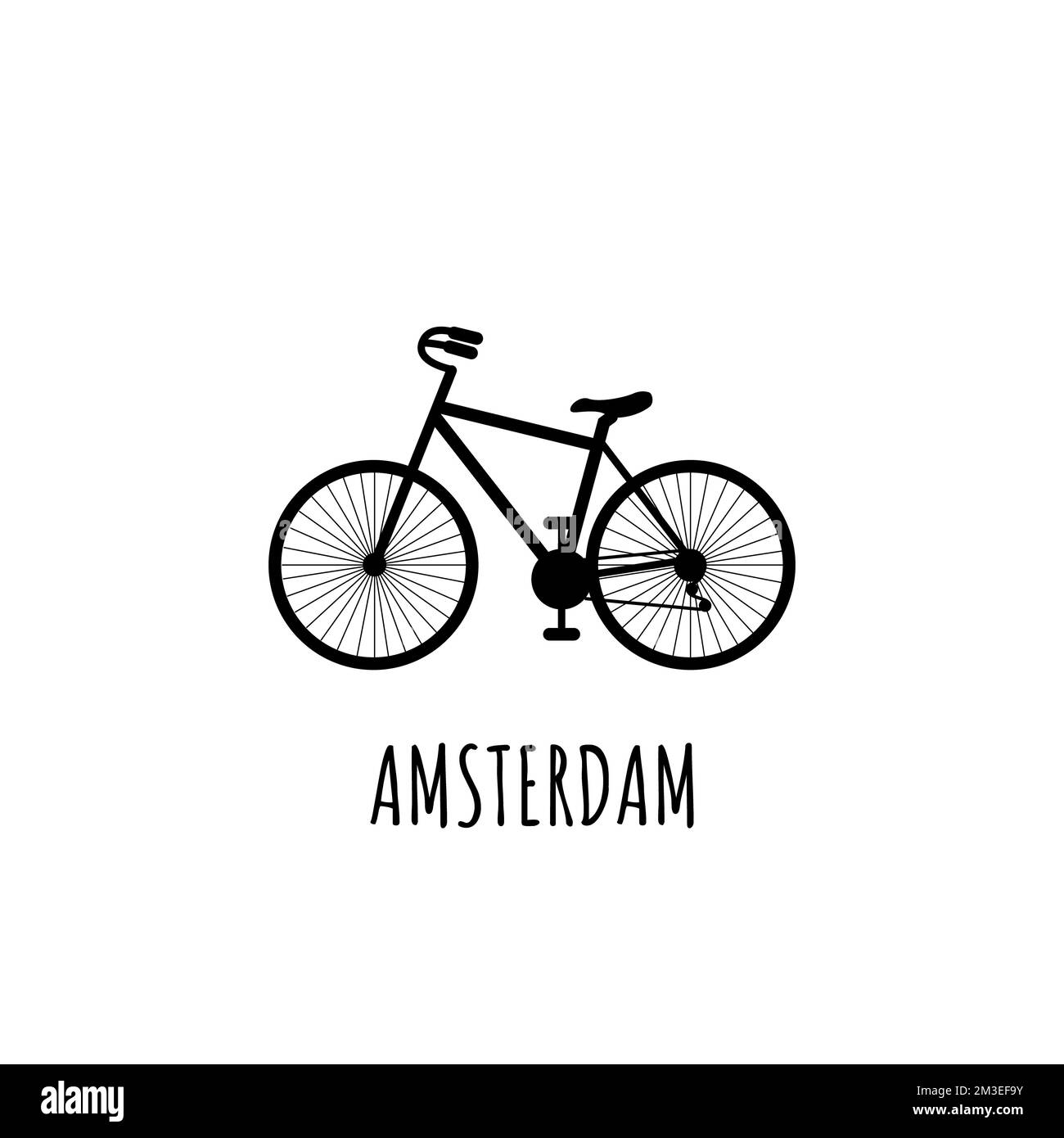 Schwarzes Fahrrad mit Inschrift Amsterdam. Die meisten öffentlichen Verkehrsmittel in Amsterdam. Kann für Postkarten und Touristenhefte verwendet werden. Vektordarstellung. Stockfoto