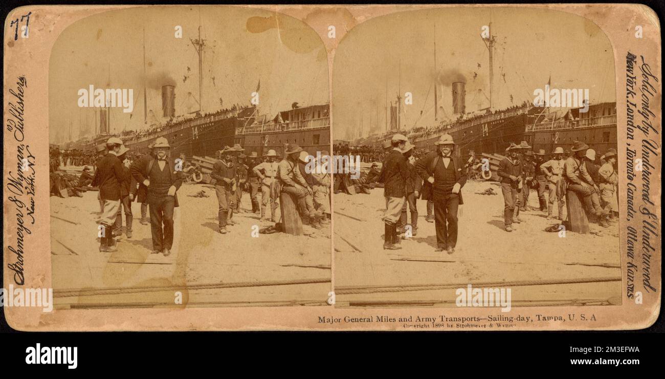 Major General Miles und Armeetransporte - Segeltag, Tampa, USA Militäroffiziere, Truppenbewegungen, Soldaten, Schiffe, Spanisch-Amerikanischer Krieg, 1898, Miles, Nelson Appleton, 1839-1925 Stockfoto