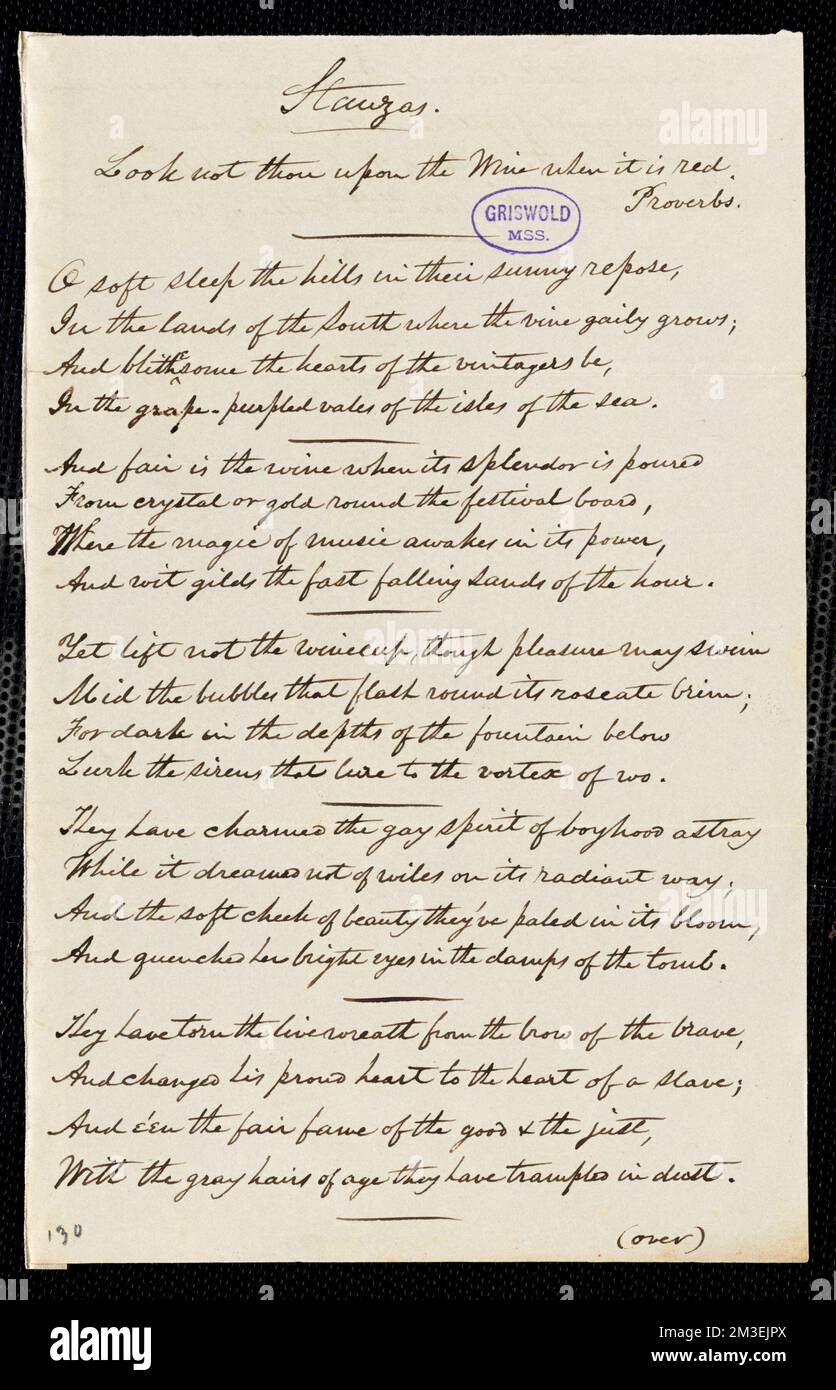 Manuskriptgedicht: "Stanzas " , amerikanische Literatur, 19.. Jahrhundert, Geschichte und Kritik, Autoren, Amerikaner, 19.. Jahrhundert, Korrespondenz, Autoren und Verleger, Dichter, Amerikaner, 19.. Jahrhundert, Korrespondenz. Rufus W. Griswold Papers Stockfoto