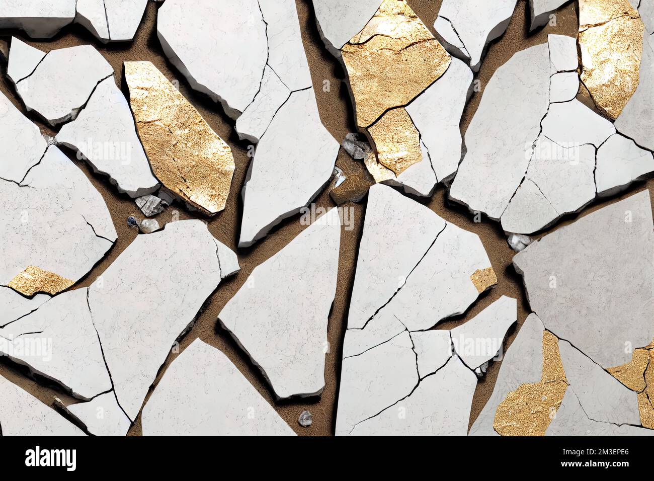 Nahaufnahme einer weißen und goldenen Mosaikfliese mit Blattgold an den Seiten und braunem Hintergrund. Stockfoto