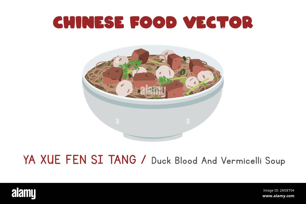 Chinesisches Entenblut und Vermicelli-Suppe, flacher Vektor-Design-Illustration, Clipart-Cartoon-Stil. Asiatisches Essen. Chinesische Küche. Chinesisches Essen Stock Vektor