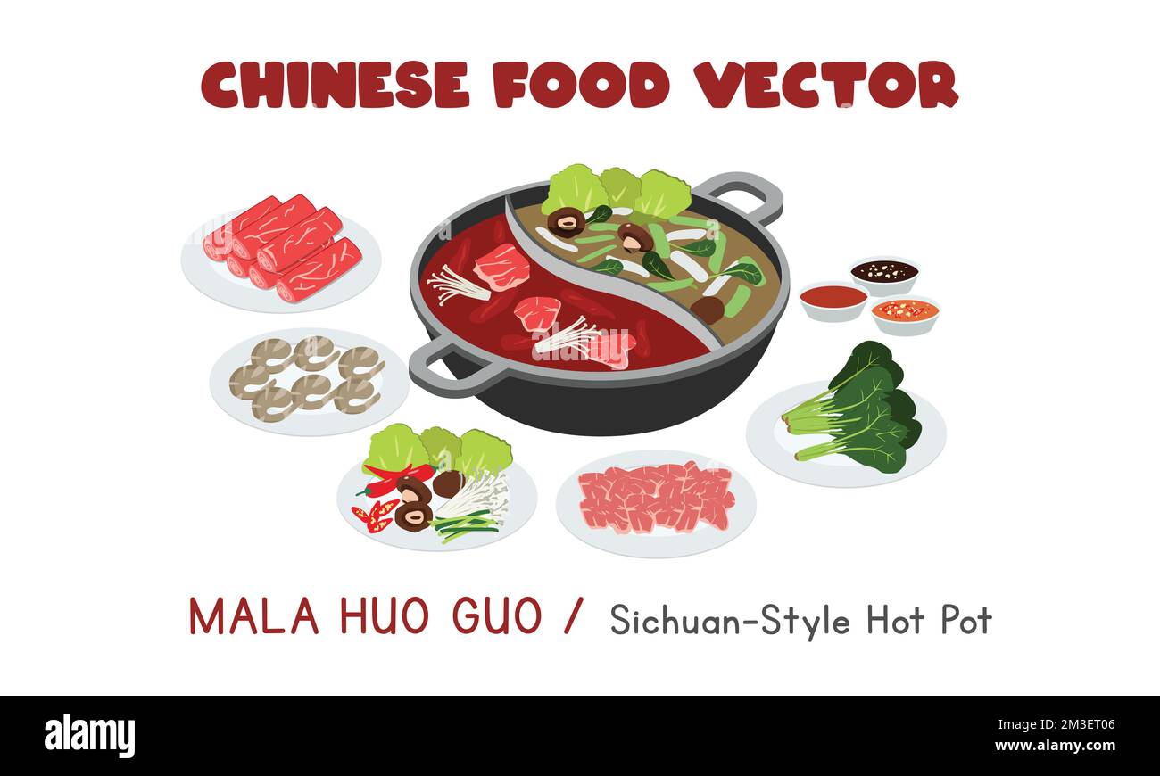 Chinesischer Mala Huo Guo - Sichuan-Stil mit flachem Vektordesign, Clipart-Cartoon-Stil. Asiatisches Essen. Chinesische Küche. Chinesisches Essen Stock Vektor