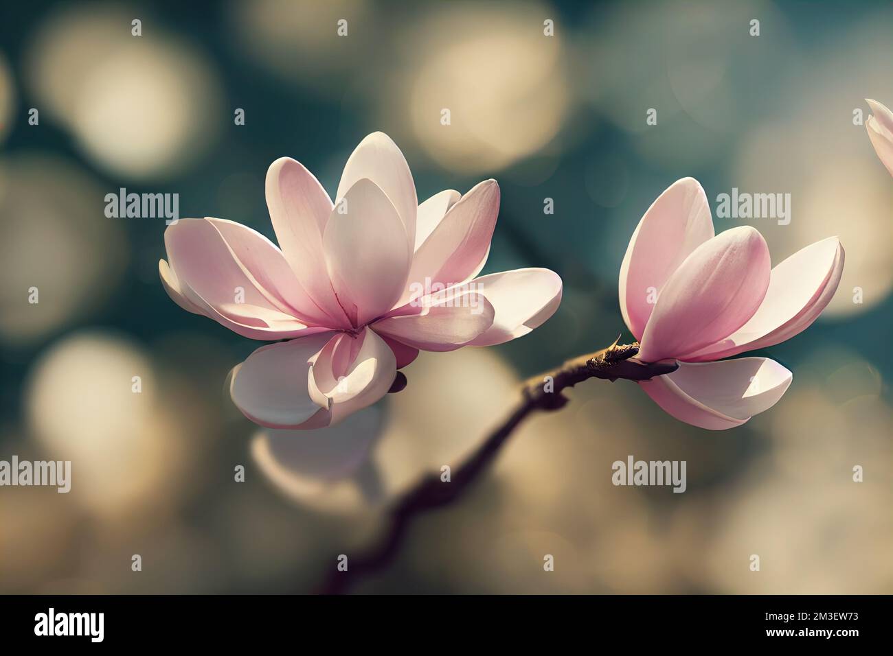 Eine rosa Blume blüht auf einem Zweig mit verschwommenem Hintergrund und Boket-Lichtern im Hintergrund. . Stockfoto