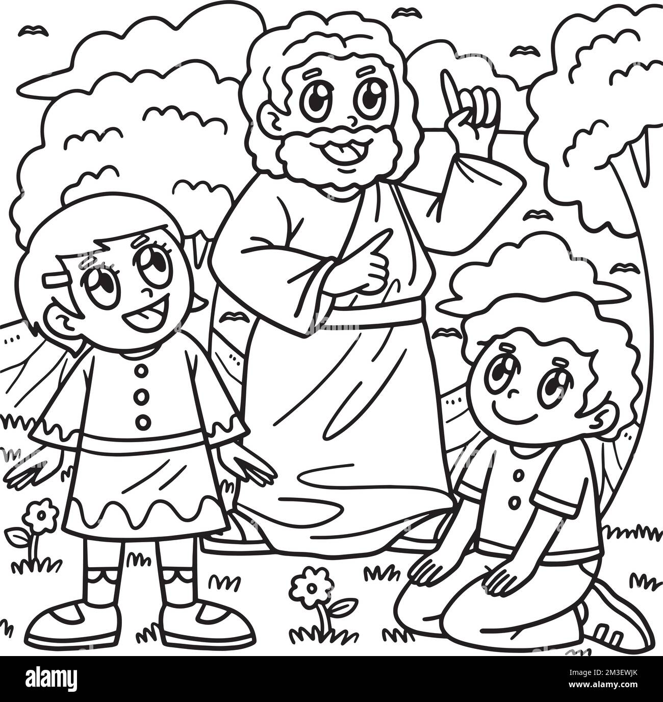 Christus Jesus mit modernen Kindern Malseite Stock Vektor