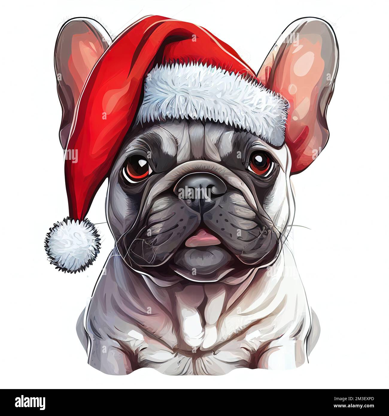 Ein Hund mit weihnachtsmannmütze, einem Pompom auf dem Kopf und einer roten Nase. . Stockfoto