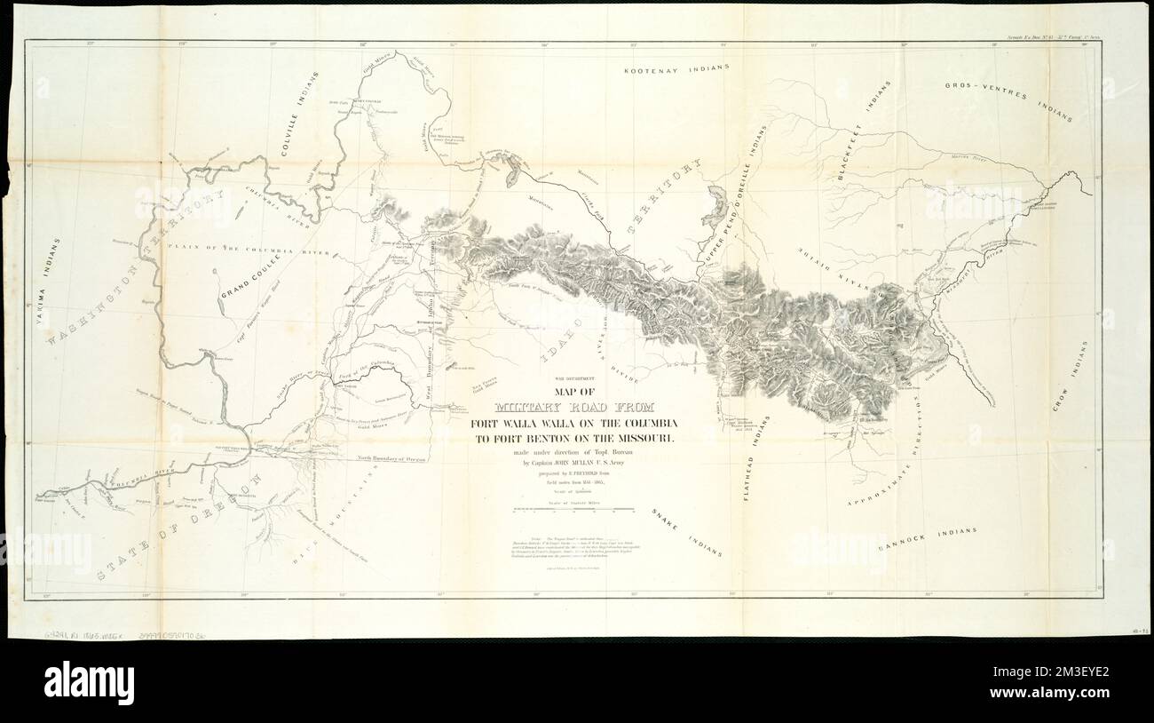 Karte der Militärstraße von Fort Walla Walla auf der Columbia nach Fort Benton auf der Missouri , Militärkarten, Militärstraßen, Washington State, Karten, Militärstraßen, Oregon, Karten, Militärstraßen, Idaho, Karten, Militärstraßen, Montana, Landkarten, Mullan Road, Karten, Washington State, Karten, Oregon, Karten, Idaho, Maps, Montana, Maps Norman B. Leventhal Map Center Collection Stockfoto