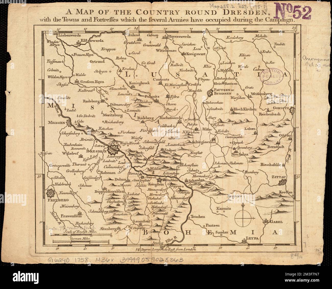 Eine Karte des Landes rund um Dresden mit den Städten und Festungen, die die verschiedenen Armeen während des Wahlkampfes besetzt haben , Sachsen Deutschland, Karten, frühe Arbeiten zur Norman B. Leventhal Map Center Collection 1800 Stockfoto