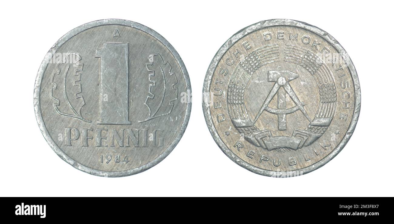 Deutschland -NRD 1 Pfennig, 1984 auf weißem Hintergrund Stockfoto