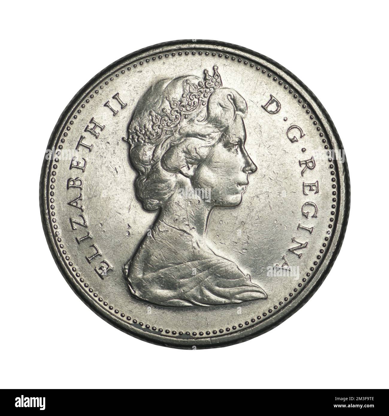 Kanada 25 Cent 1968-1978 auf weißem Hintergrund Stockfoto