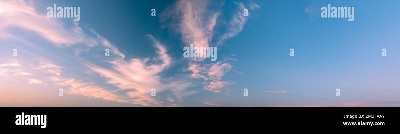 Morgengrauen Himmel mit leichten Wolken - Ultra-Weitwinkel-Panoramaaufnahme. Sky-Vorlage, um den Horizont zu ersetzen. Wundervolle, malerische Morgendämmerung. Stockfoto