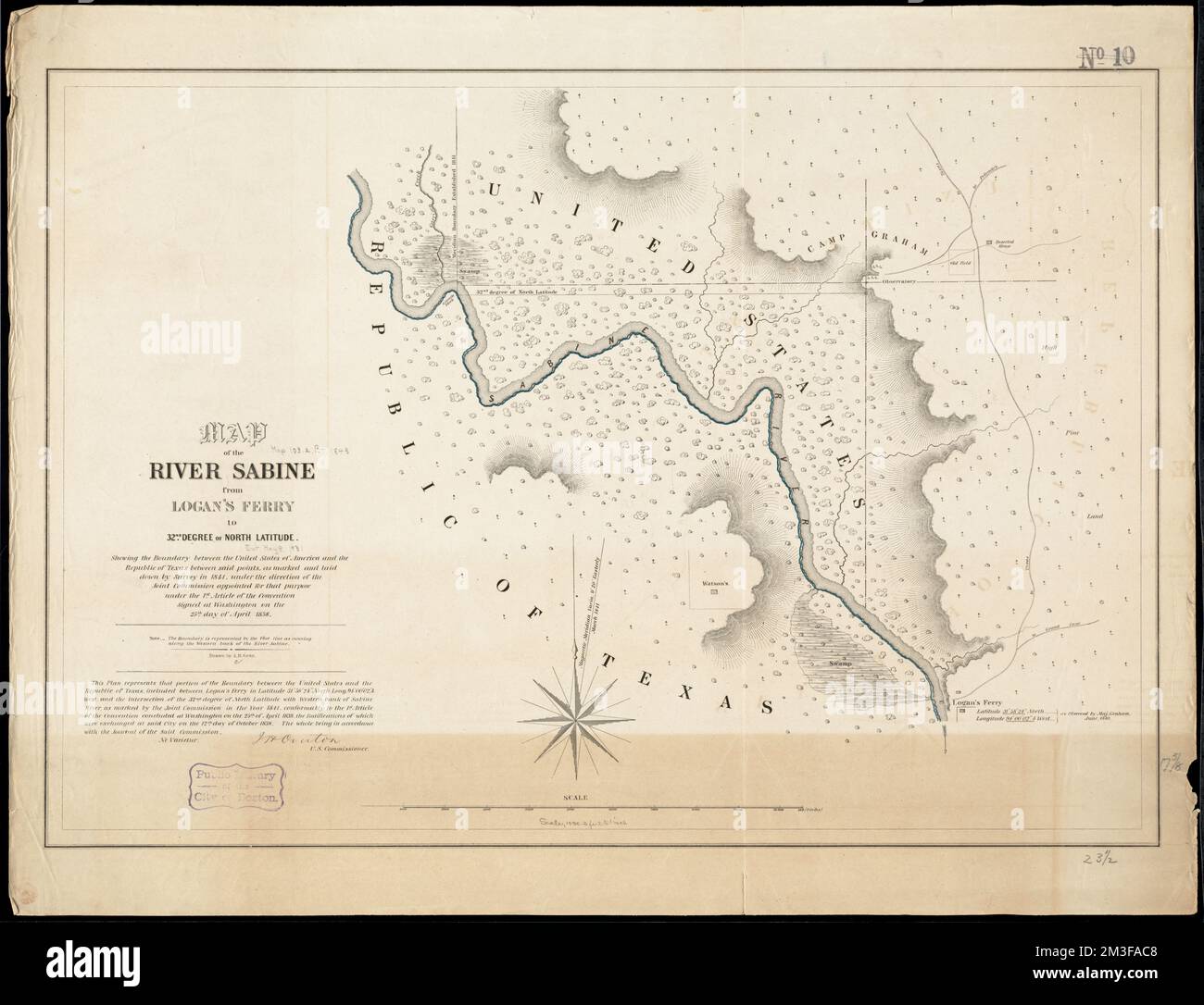 Karte des Flusses Sabine von Logan's Ferry bis 32.. Nördlicher Breitengrad : Festlegung der Grenze zwischen den Vereinigten Staaten von Amerika und der Republik Texas zwischen diesen Punkten, wie sie durch die Erhebung von 1841 gekennzeichnet und festgelegt wurde; Unter der Leitung der Gemeinsamen Kommission, die zu diesem Zweck gemäß Artikel 1. der am 25.. April 1838 in Washington unterzeichneten Konvention ernannt wurde , Sabine River Tex. und La., Maps, Texas, Boundaries, Maps Norman B. Leventhal Map Center Collection Stockfoto
