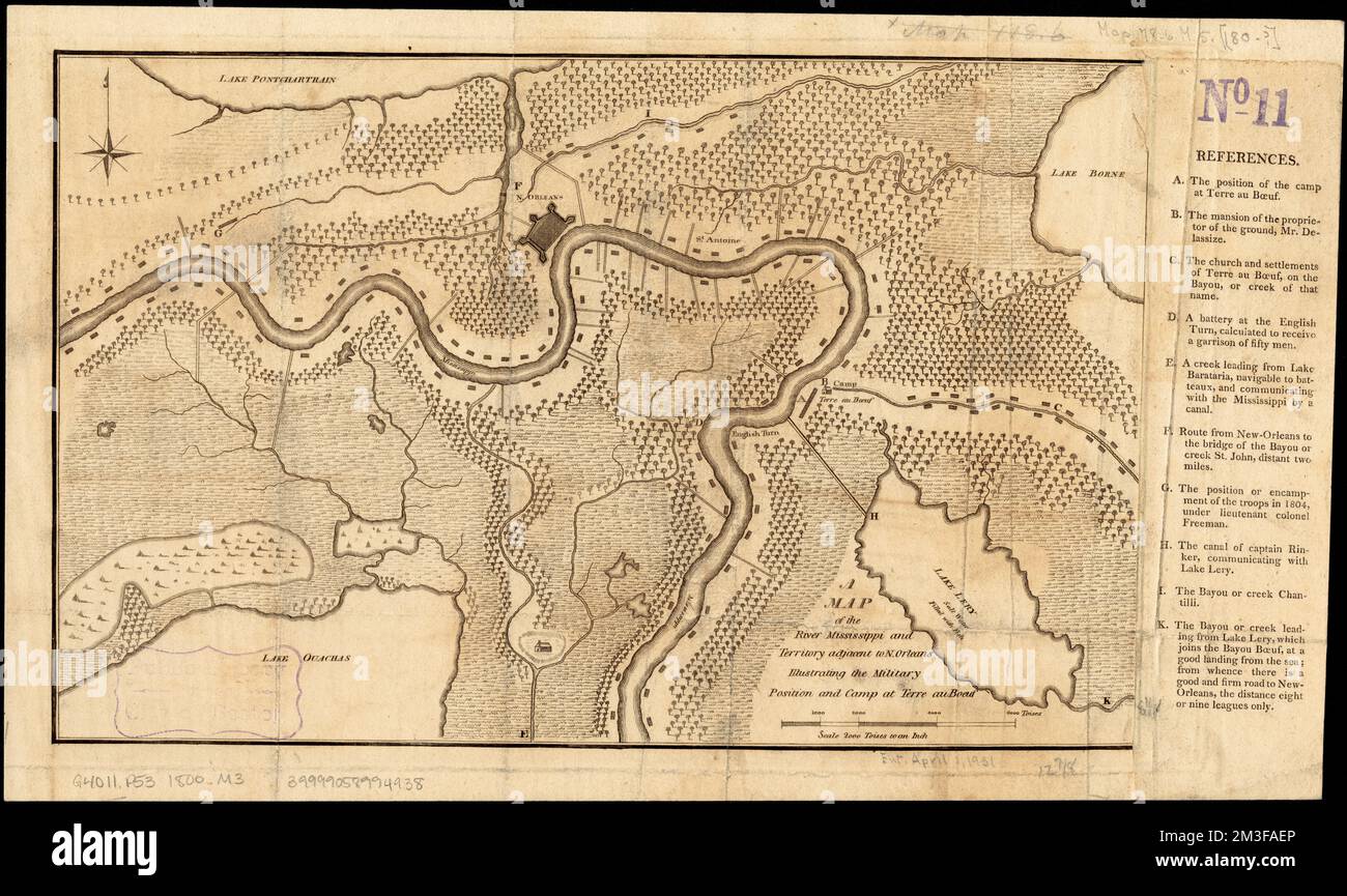 Eine Karte des Mississippi und des Territoriums neben N. Orleans, die die militärische Position und das Camp in Terre au Boeuf , Mississippi River, Maps, New Orleans La., Maps Norman B. Leventhal Map Center Collection veranschaulicht Stockfoto