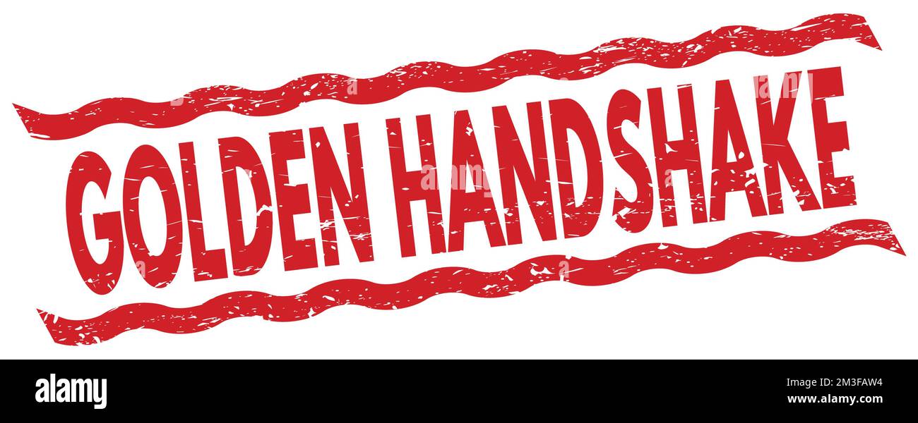 GOLDENER HANDSHAKE-Text auf rotem Stempelschild. Stockfoto