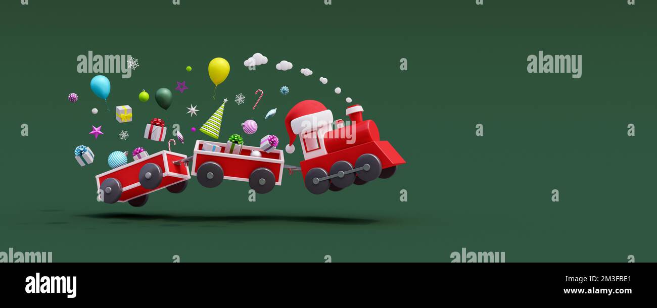 Zug und Wagen springen mit Geschenken und Weihnachtsdekorationen auf grünem Hintergrund. Lieferkonzept für Feiertage 3D Darstellung von 3D Stockfoto