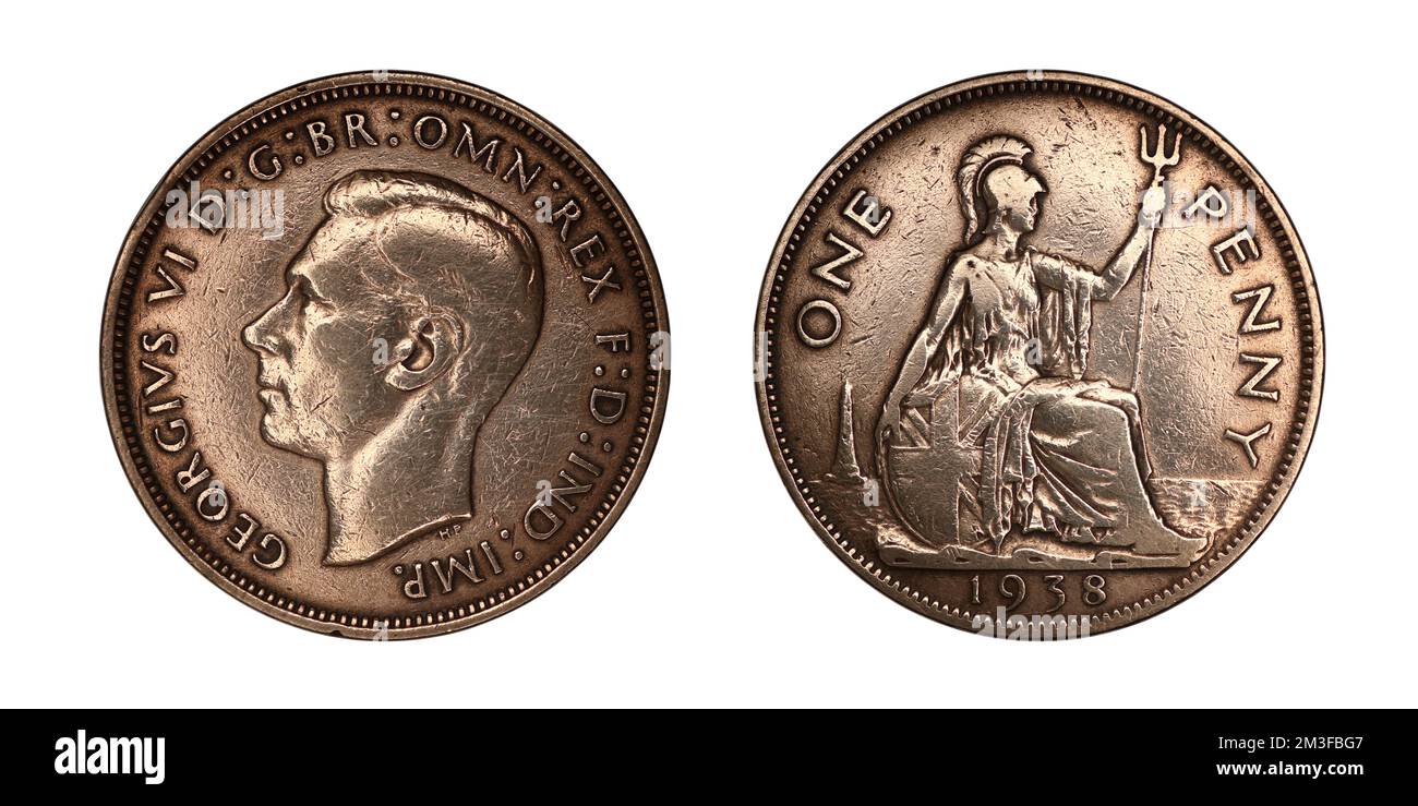 Großbritannien 1 Pence 1938 auf weißem Hintergrund Stockfoto