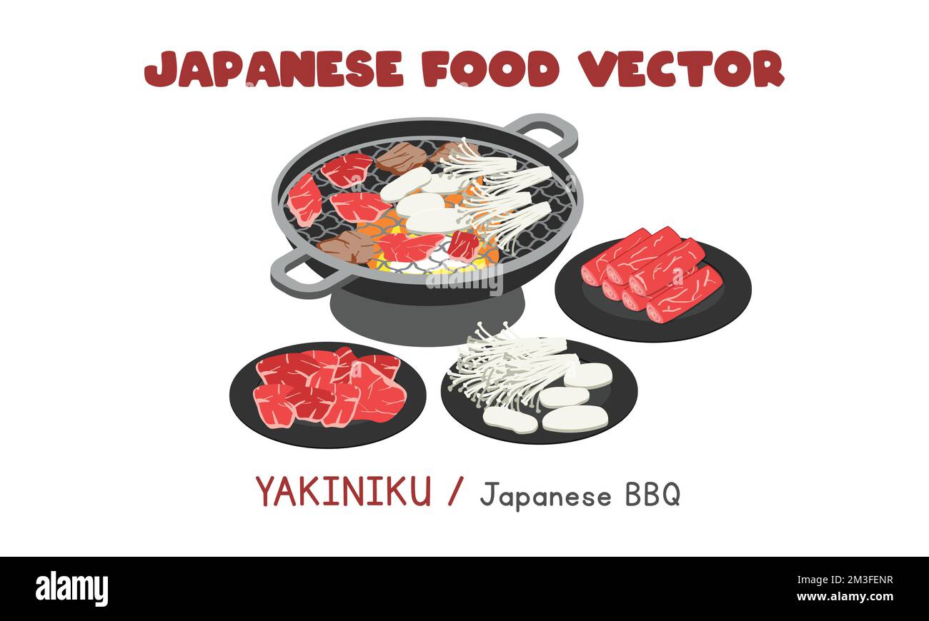Japanisches Yakiniku: Japanisches Barbecue-Barbecue mit flachem Vektordesign, Clipart-Cartoon-Stil. Asiatisches Essen. Japanische Küche. Japanisches Essen Stock Vektor