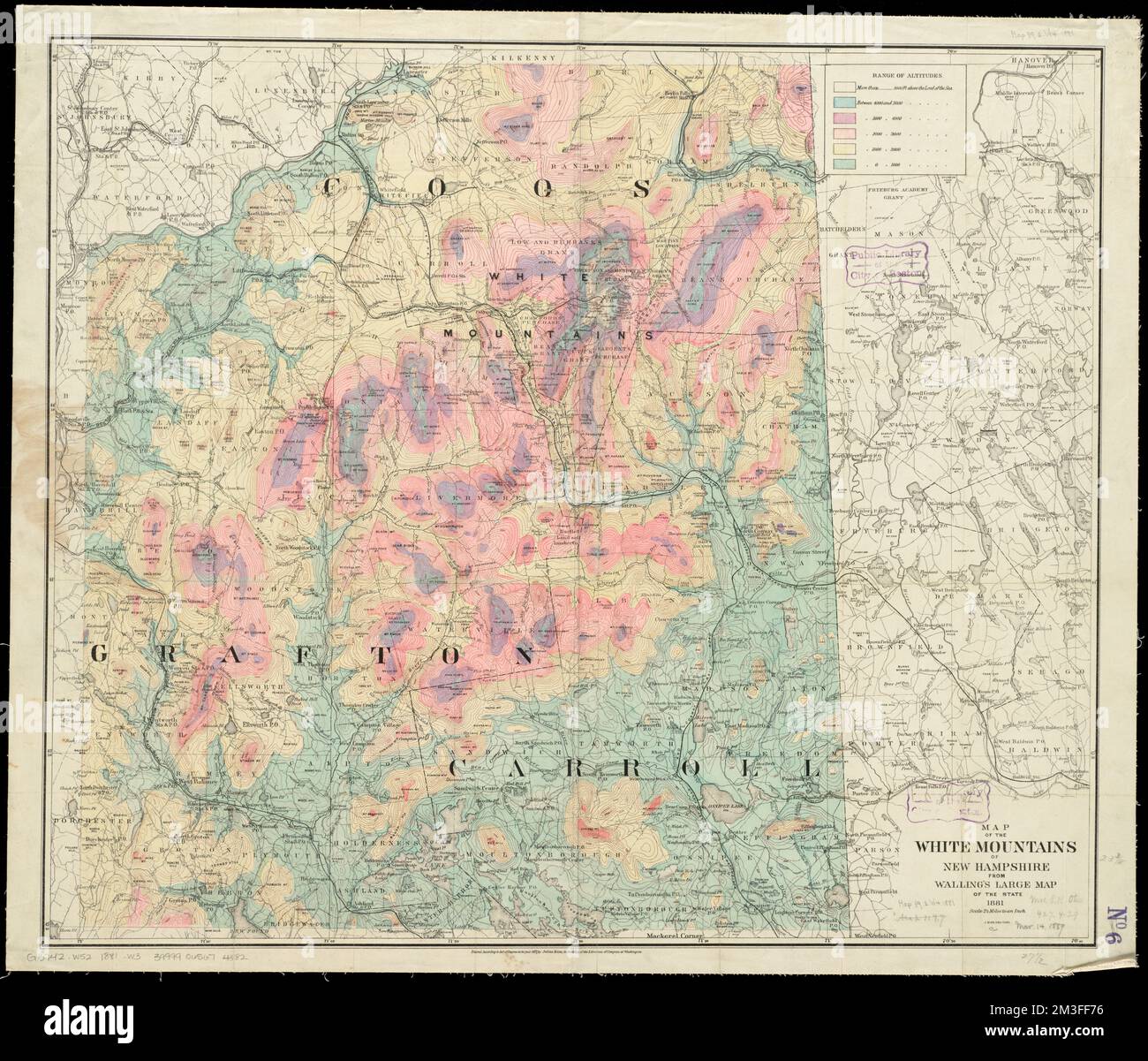 Karte der White Mountains von New Hampshire aus der großen Karte des Bundesstaates Walling, 1881 , White Mountains N.H. and Me., Maps Norman B. Leventhal Map Center Collection Stockfoto
