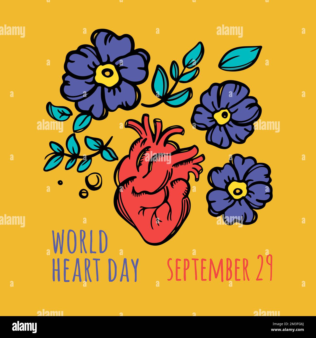 WORLD HEART DAY Medizin Vorsicht Human Health Urlaub Poster Heart in Flowers with Leaves and Text on Orange Background Vector Illustration 21 Septemb Stock Vektor