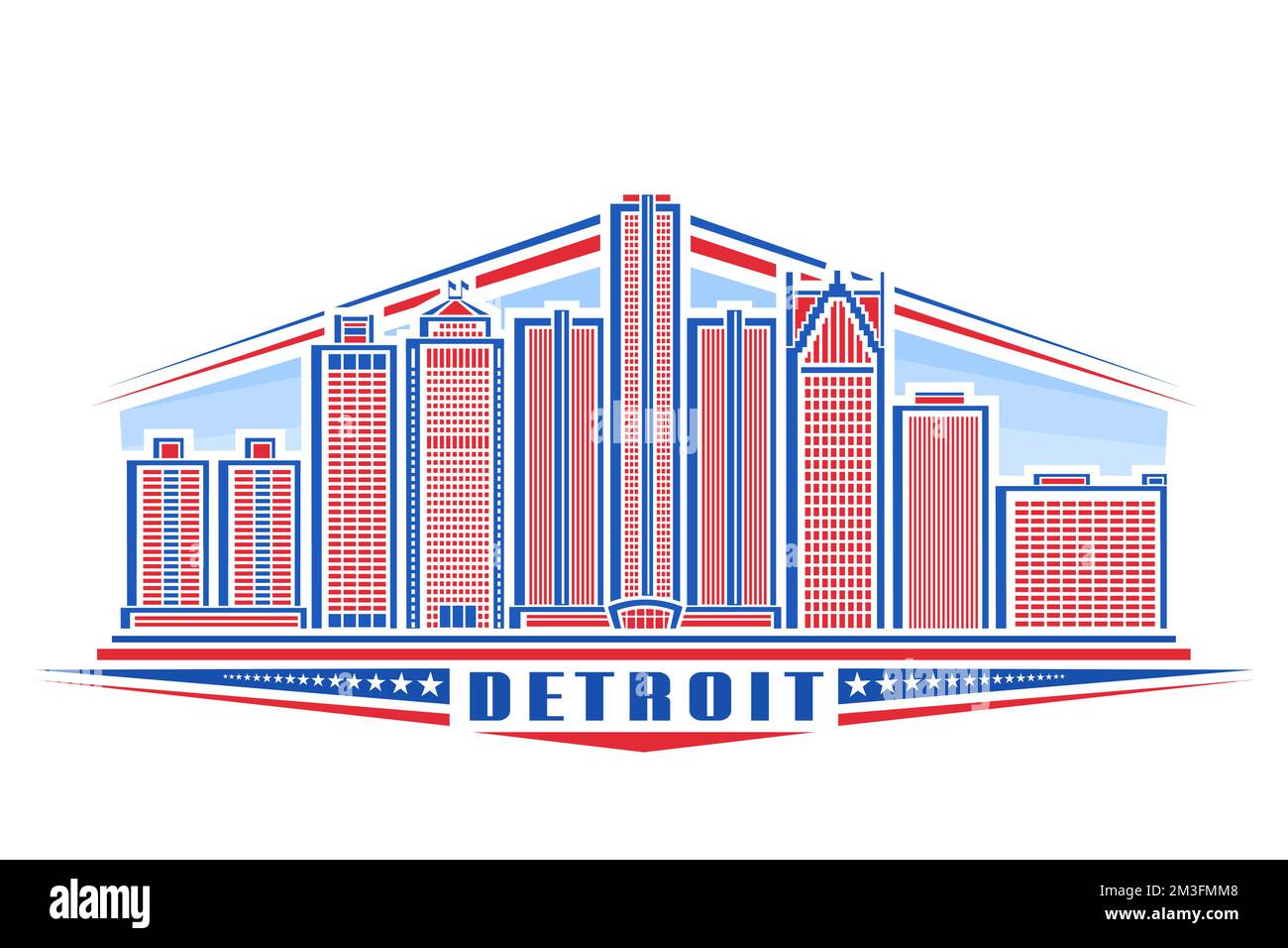 Vektordarstellung von Detroit, horizontales Abzeichen mit linearem Design, berühmte stadtlandschaft von detroit auf Tageshintergrund, rotes urbanes Kunstkonzept mit d Stock Vektor