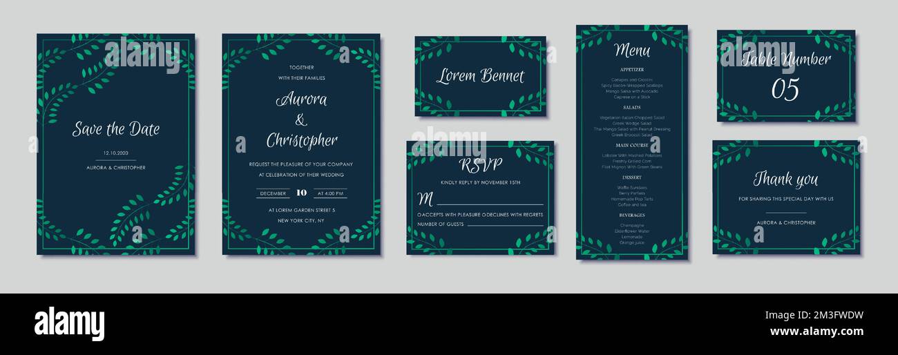 Elegante Einladungen mit grünen Blumenmotiven und marineblauem Hintergrund. Stock Vektor