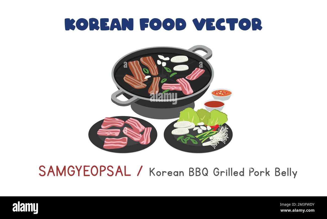 Korean Samgyeopsal - Koreanisches Grillfleisch Schweinefleisch Bauch flach Vektordesign-Illustration, Clipart Cartoon-Stil. Asiatisches Essen. Koreanische Küche. Koreanisches Essen Stock Vektor