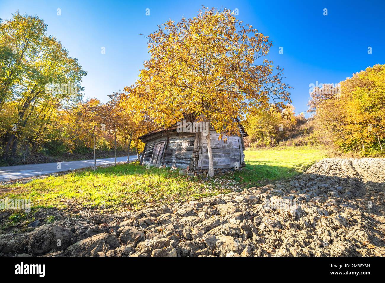 Verlassene verrottende Holzhütte in landwirtschaftlicher Landschaft Herbstblick, Zagorje Region von Kroatien Stockfoto