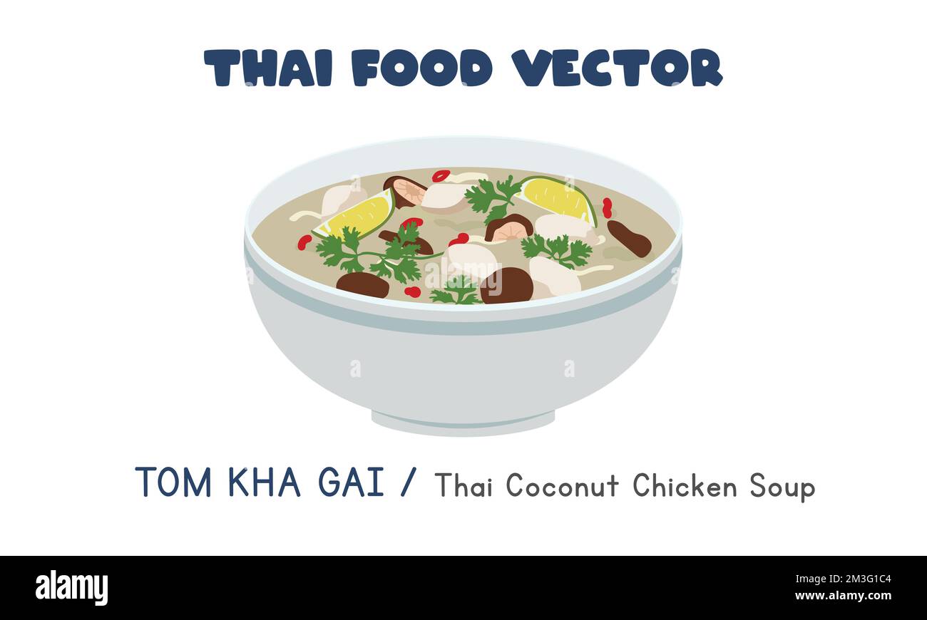 Thai Tom Kha Gai: Thailändische Kokosnuss-Hühnersuppe im flachen Vektordesign im Clipart-Cartoon-Stil. Asiatisches Essen. Thailändische Küche. Thailändisches lokales Essen Stock Vektor