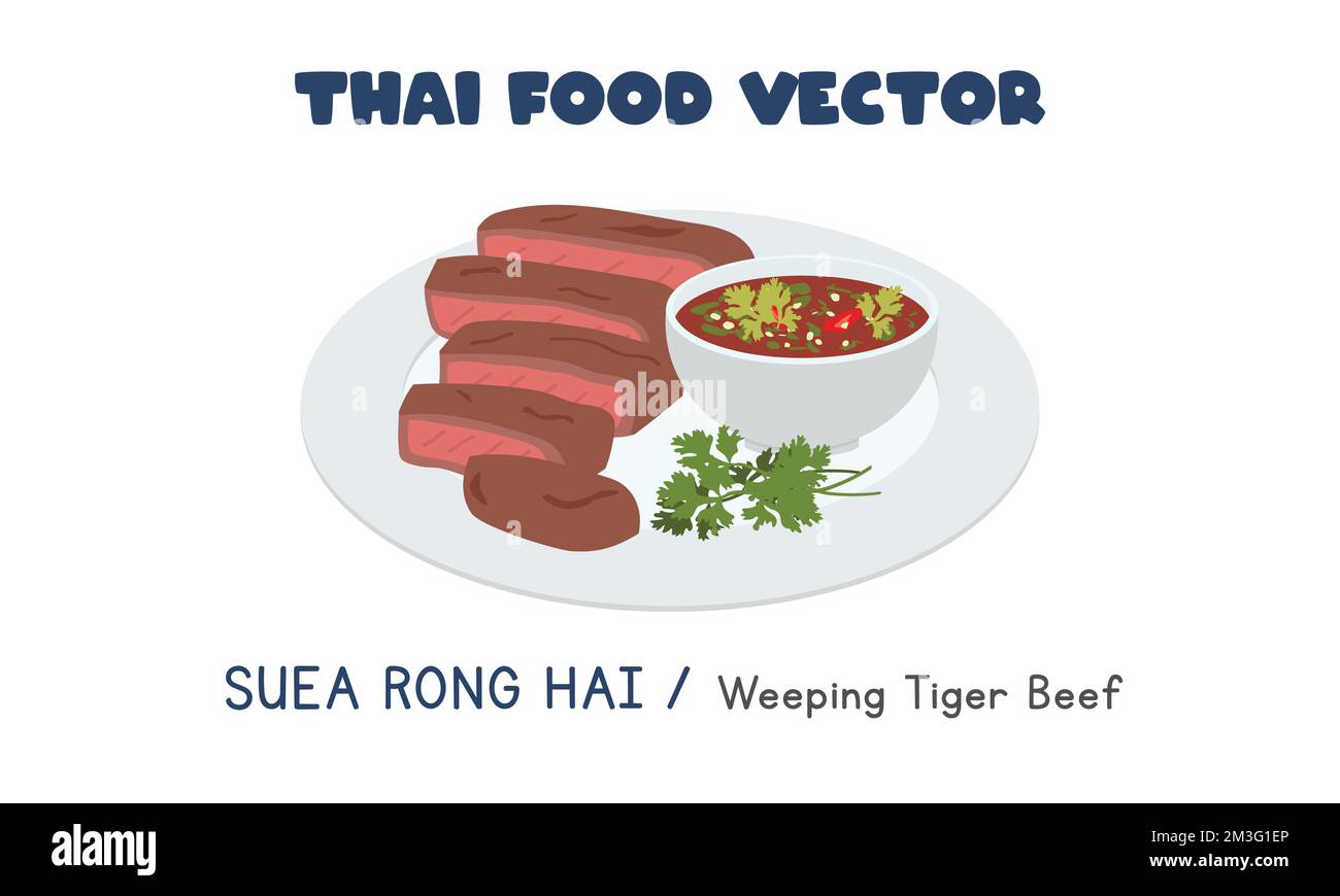 Thai Suea Rong Hai - ein Cartoon mit heulendem Tigerrind oder weinendem Tigerrindfleisch mit flachem Vektor und Clipart. Asiatisches Essen. Thailändische Küche. Thailändisches lokales Essen Stock Vektor