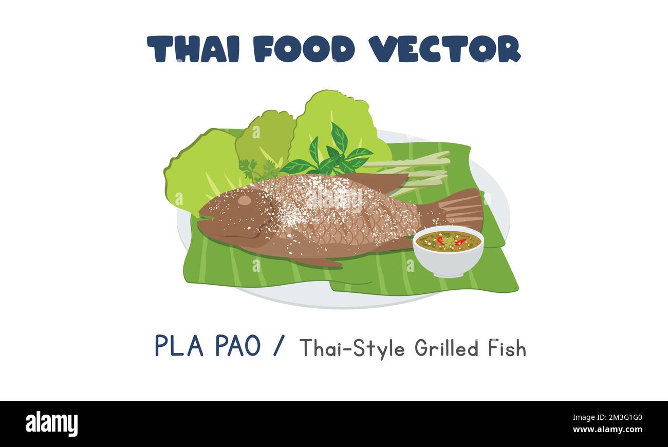 Thai Pla Pao: Thailändischer Cartoon mit Salzkruste und gegrilltem Fisch. Asiatisches Essen. Thailändische Küche. Thailändisches lokales Essen Stock Vektor