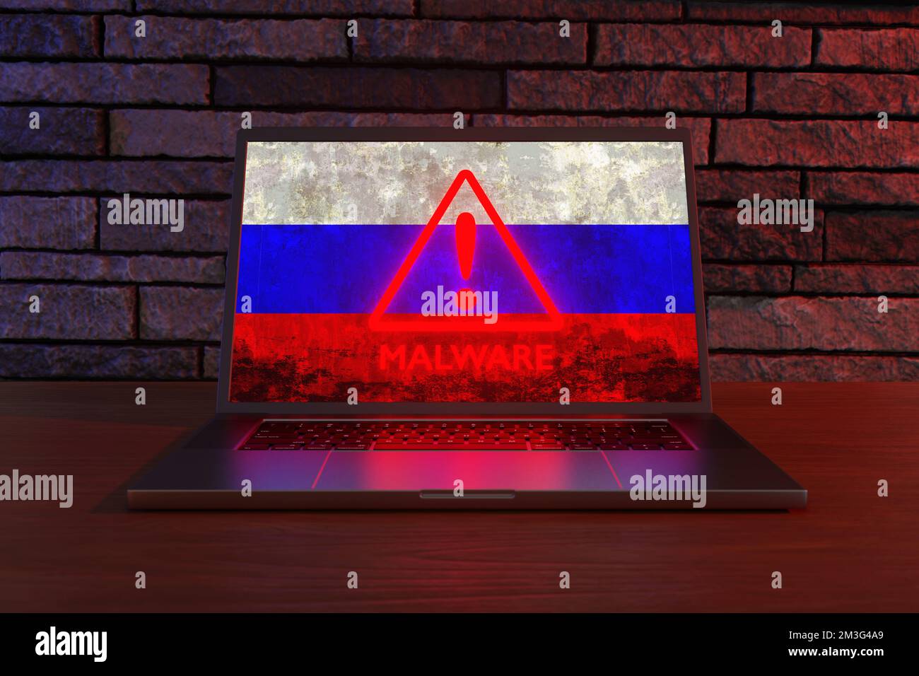 Laptop mit russischer Staatsflagge und Warnzeichen für Malware. Das Konzept von Cyberbedrohungen, DDOS und Hacking-Aktivitäten in Bezug auf Russland Stockfoto