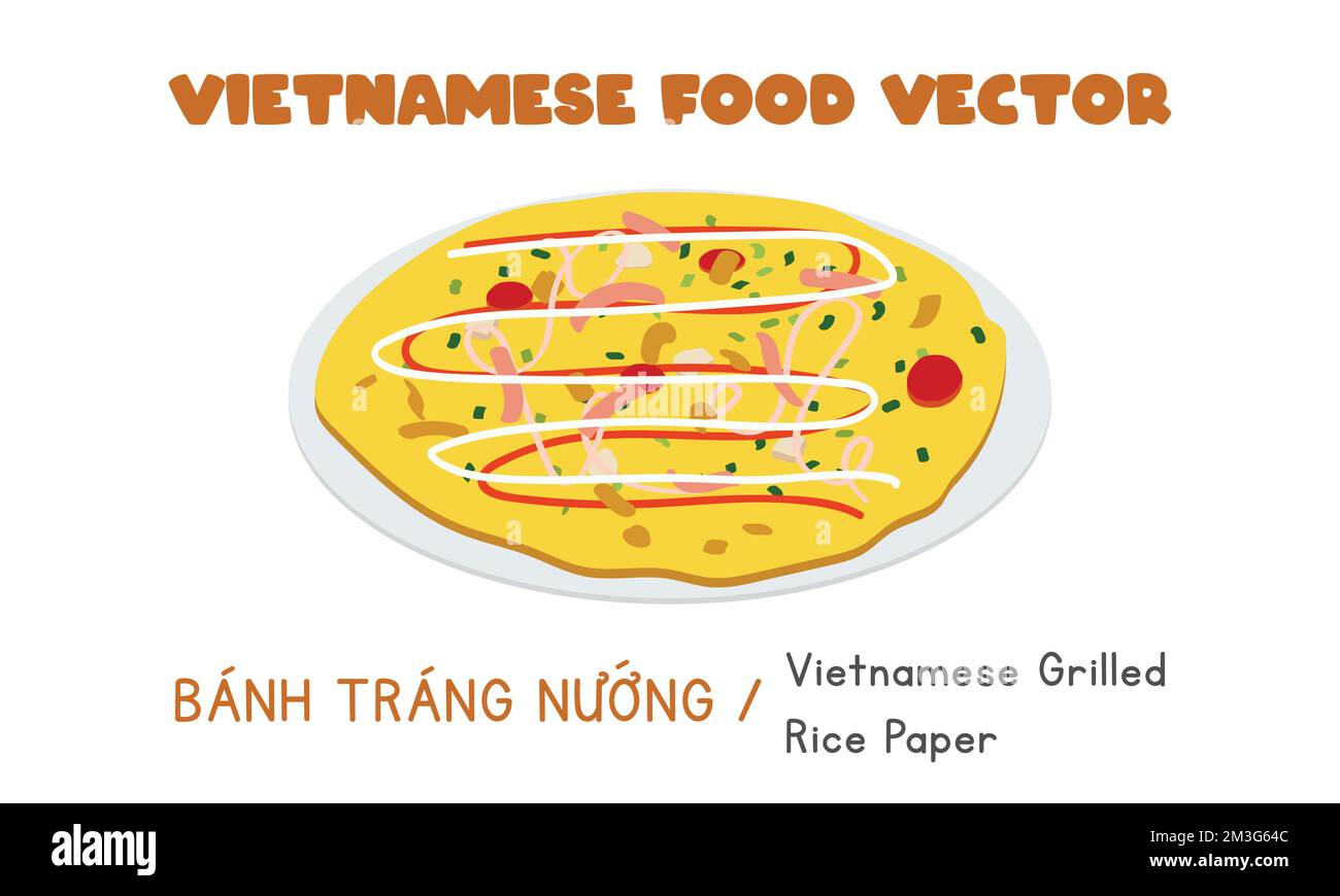 Vietnamese Banh Trang Nuong – gegrillte Reispizza aus Papier, flache Vektor-Clipart-Cartoon. Asiatisches Essen. Vietnamesische Küche. Vietnamesisches leckeres Street Food Stock Vektor