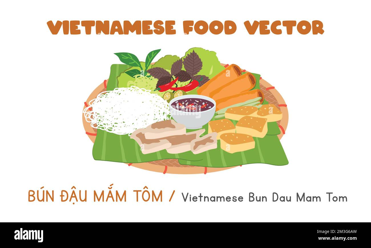 Vietnamesisches „Bun Dau Mama Tom“-Vektordesign. Reisnudeln mit gebratenem Tofu, gekochtem Schweinefleisch, Garnelenpaste-Sauce, Gemüse-Clipart-Cartoon. Asiatisches Essen Stock Vektor