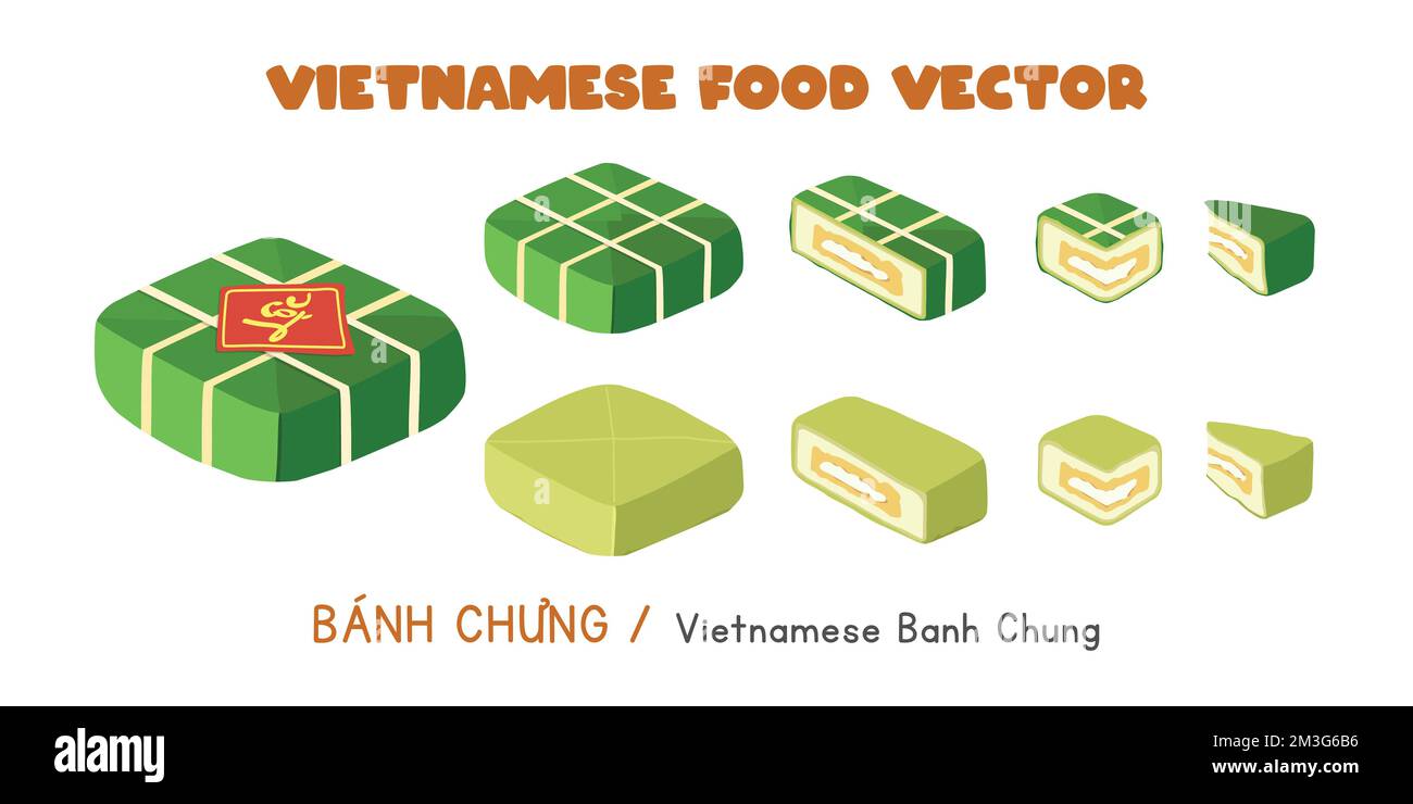 Set aus ganzen, halben, Viertelschnitten von vietnamesischem Banh Chung Vektordesign-Illustration, Clipart-Cartoon-Stil. Asiatisches Essen. Vietnamesische Küche Stock Vektor