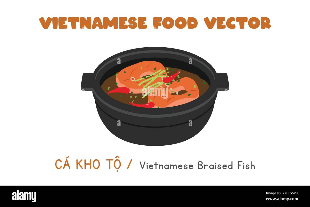 Vietnamesischer geschmorter Fisch in schwarzem Topf mit flachem Vektordesign. Ca Kho zum Clipart-Cartoon-Style. Asiatisches Essen. Vietnamesische Küche Stock Vektor