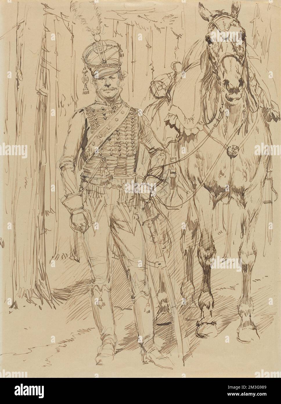 „Jean-Baptiste-Edouard Detaille, Ein französischer Hussar führt ein Pferd, 0, Stift und braune Tinte über Graphit auf gewebtem Papier, insgesamt: 21,8 x 16,2 cm (8 9/16 x 6 3/8 Zoll), Geschenk von Frank Anderson Trapp, 2004.166.11“ Stockfoto