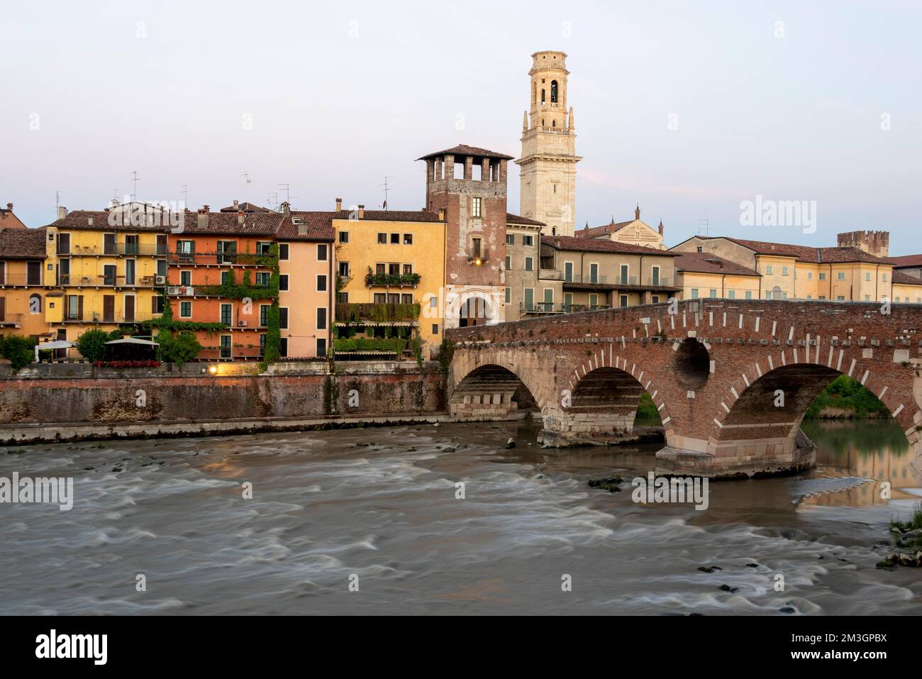 Farbenfrohe Häuser am Fluss Adige, hinter ihnen Verona Kathedrale, Veneto, Italien Stockfoto