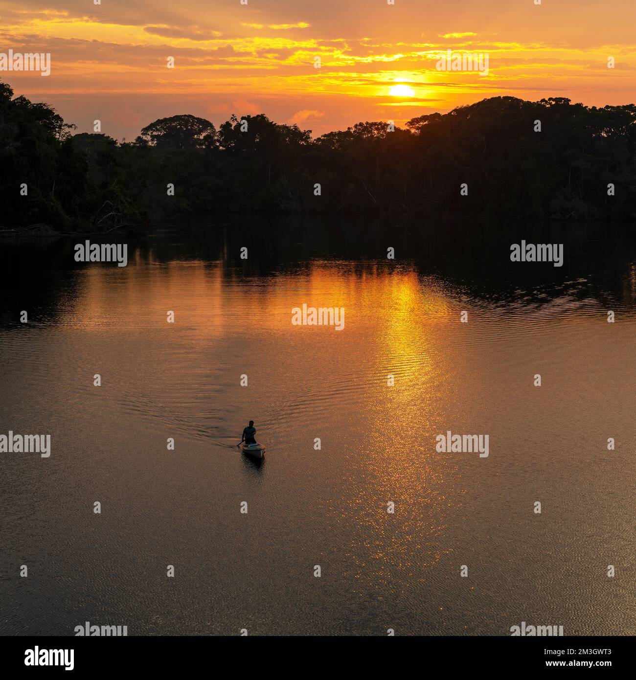 Kanufahrt bei Sonnenaufgang im Amazonas-Regenwald, Yasuni-Nationalpark, Ecuador. Stockfoto