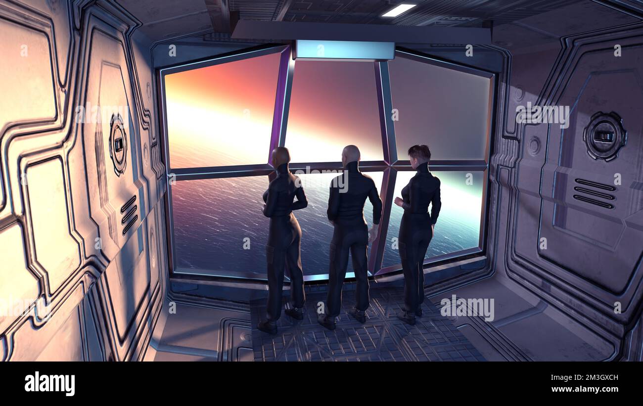 Drei Menschen erwägen einen neuen Planeten von einem Raumschiff aus Stockfoto