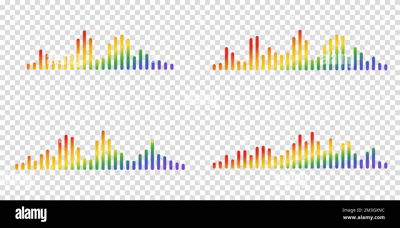 Audiowellen eingestellt. Das bunte Regenbogensymbol erklingt ein Lied. EQ. Podcast-Welle. Symbole auf isoliertem Hintergrund. Sprachnachricht. Vektordarstellung. Stock Vektor