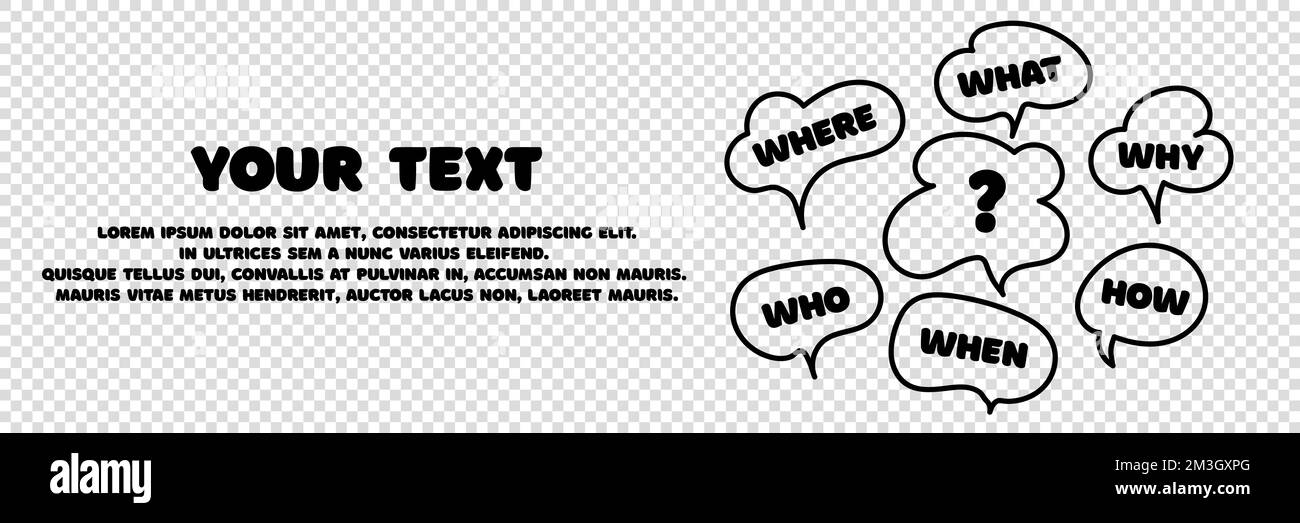 Banner mit der Frage, was, wie, warum, was und wo. Webbanner für Unternehmen. Platz für Ihre SMS. Stellen und Fragezeichen. Einbeziehung der Kommunikation PEO Stock Vektor Banner mit der Frage, was, wie, warum, was und wo. Webbanner für Unternehmen. Platz für Ihre SMS. Stellen und Fragezeichen. Einbeziehung der Kommunikation PEO Stock Vektor