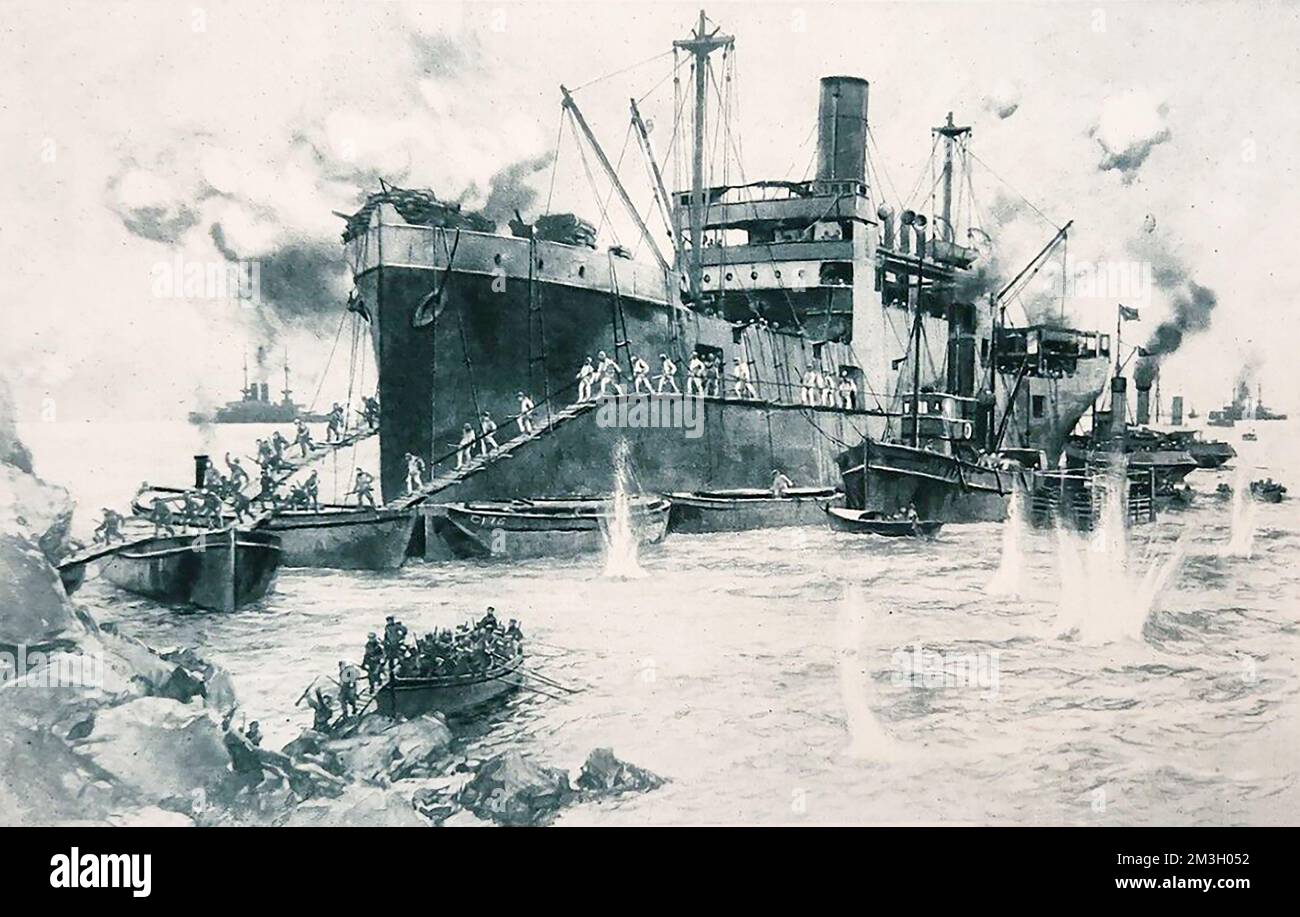 Die historische Landung vom Fluss Clyde in Sedd-el-Bahr Gallipoli am 25. 1915. April. Stockfoto