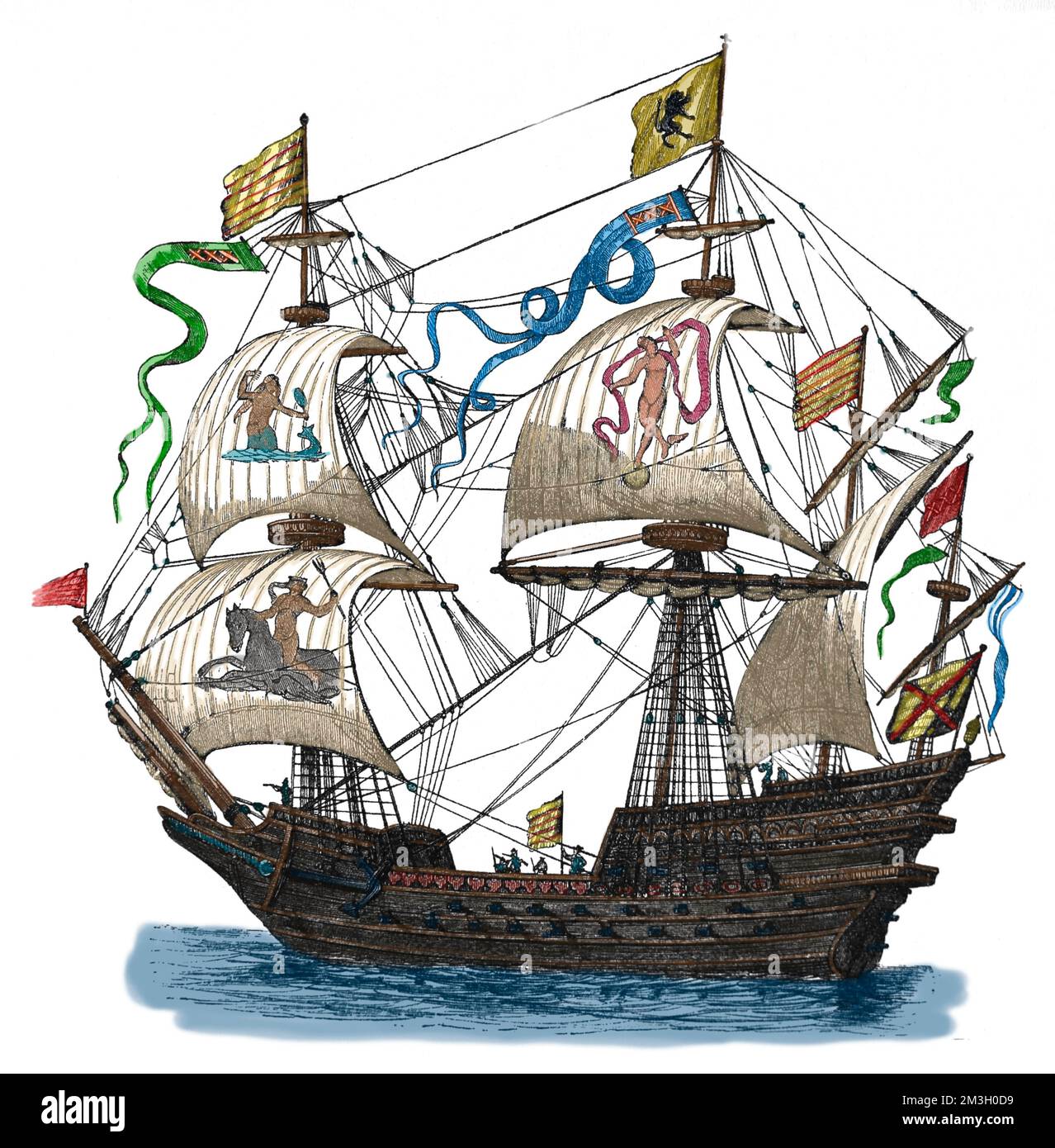 Kriegsschiff. Segelschiff. 16.. Jahrhundert. Gravur. Stockfoto