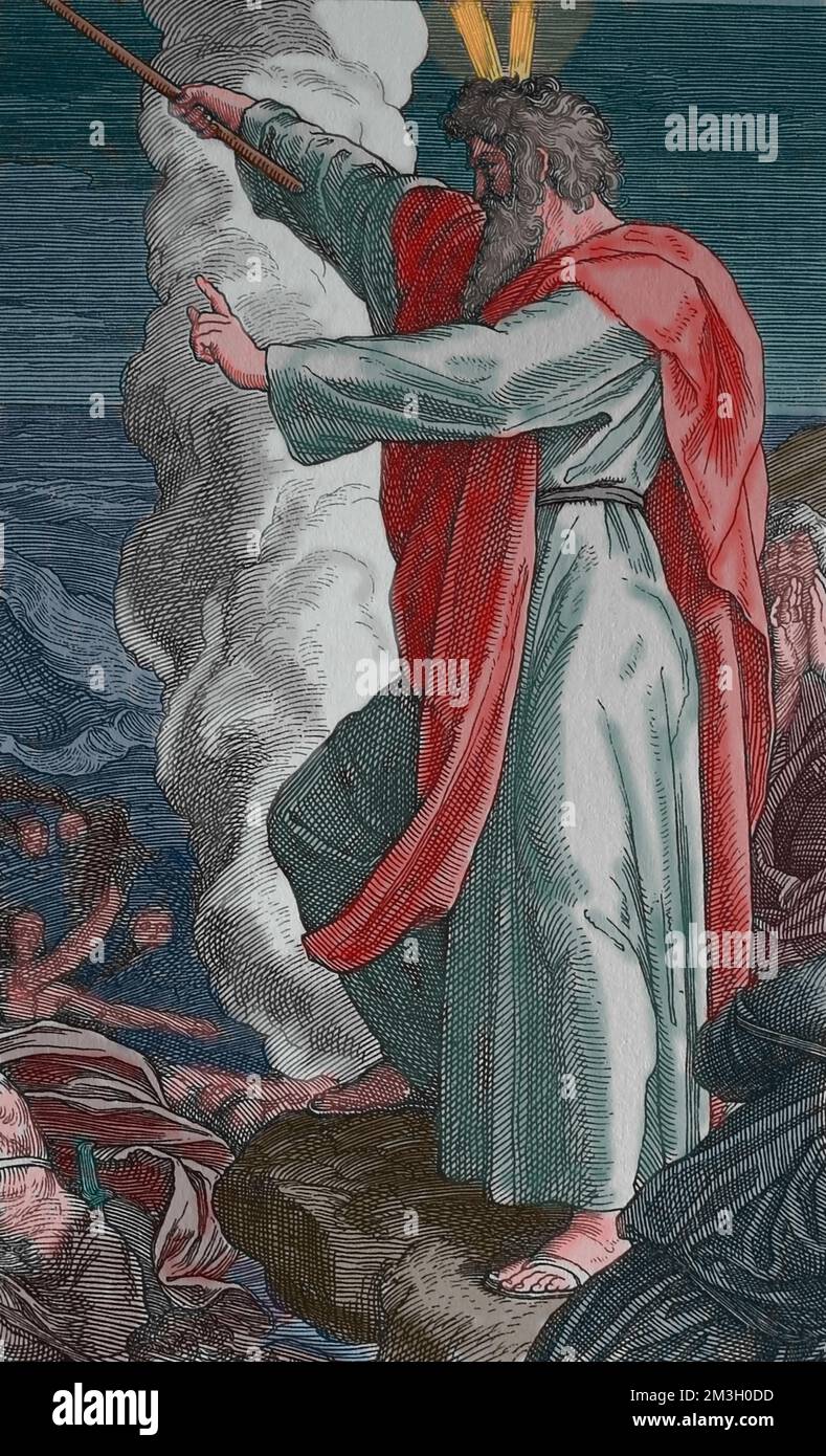 Das Alte Testament. Moses schließt das Meer und ertränkt die verfolgte ägyptische Armee im Roten Meer. Exodus Stockfoto