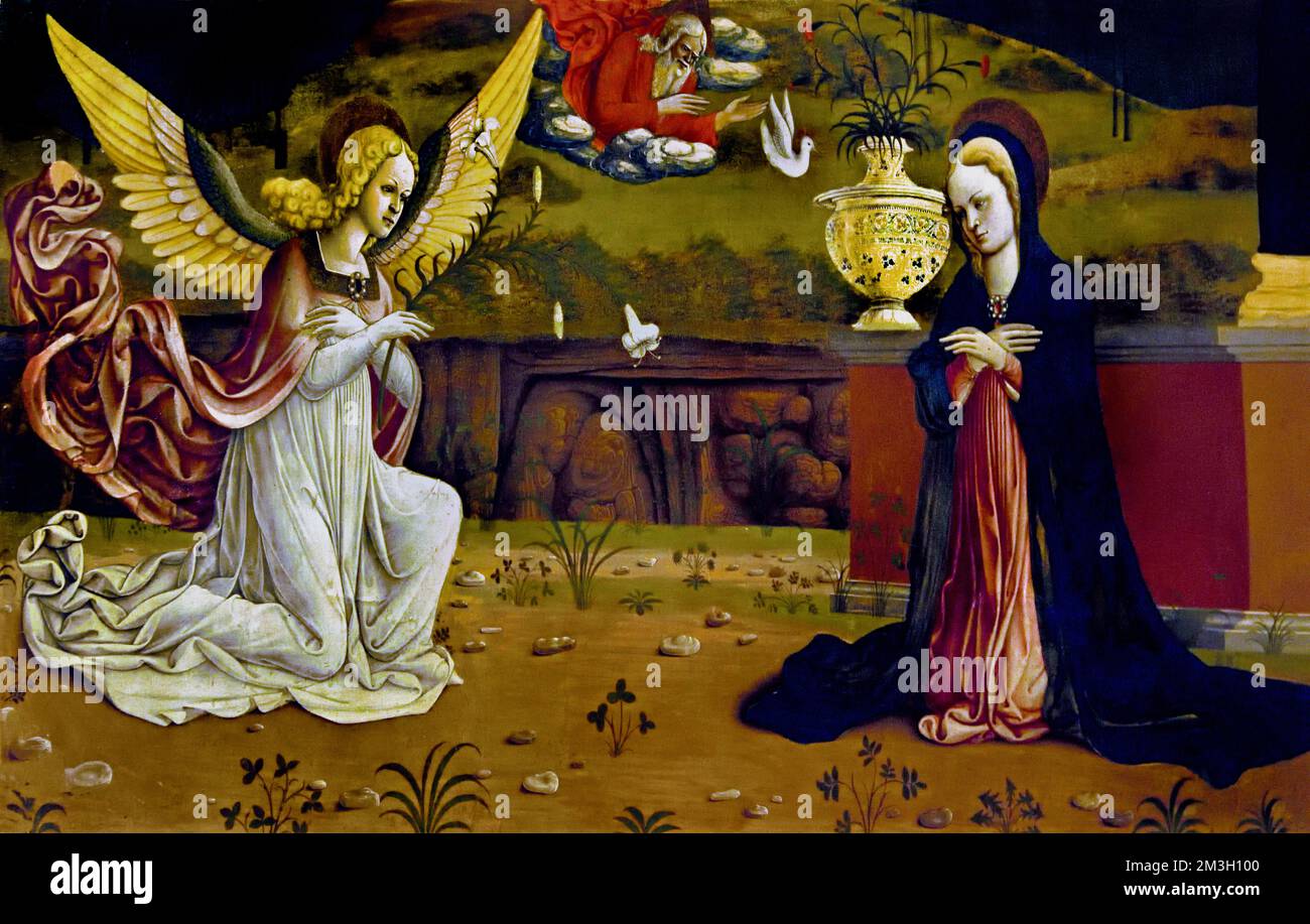 Annunciazione - Verkündung von Girolamo da Cremona 1435-1483 Christian Art, Italien, Italienisch. ( Verkündigung repräsentiert die biblische Geschichte, in der Erzengel Gabriel der Jungfrau Maria verkündet, dass sie auserwählt wurde, Mutter Jesu, Geburt Christi, ) Stockfoto