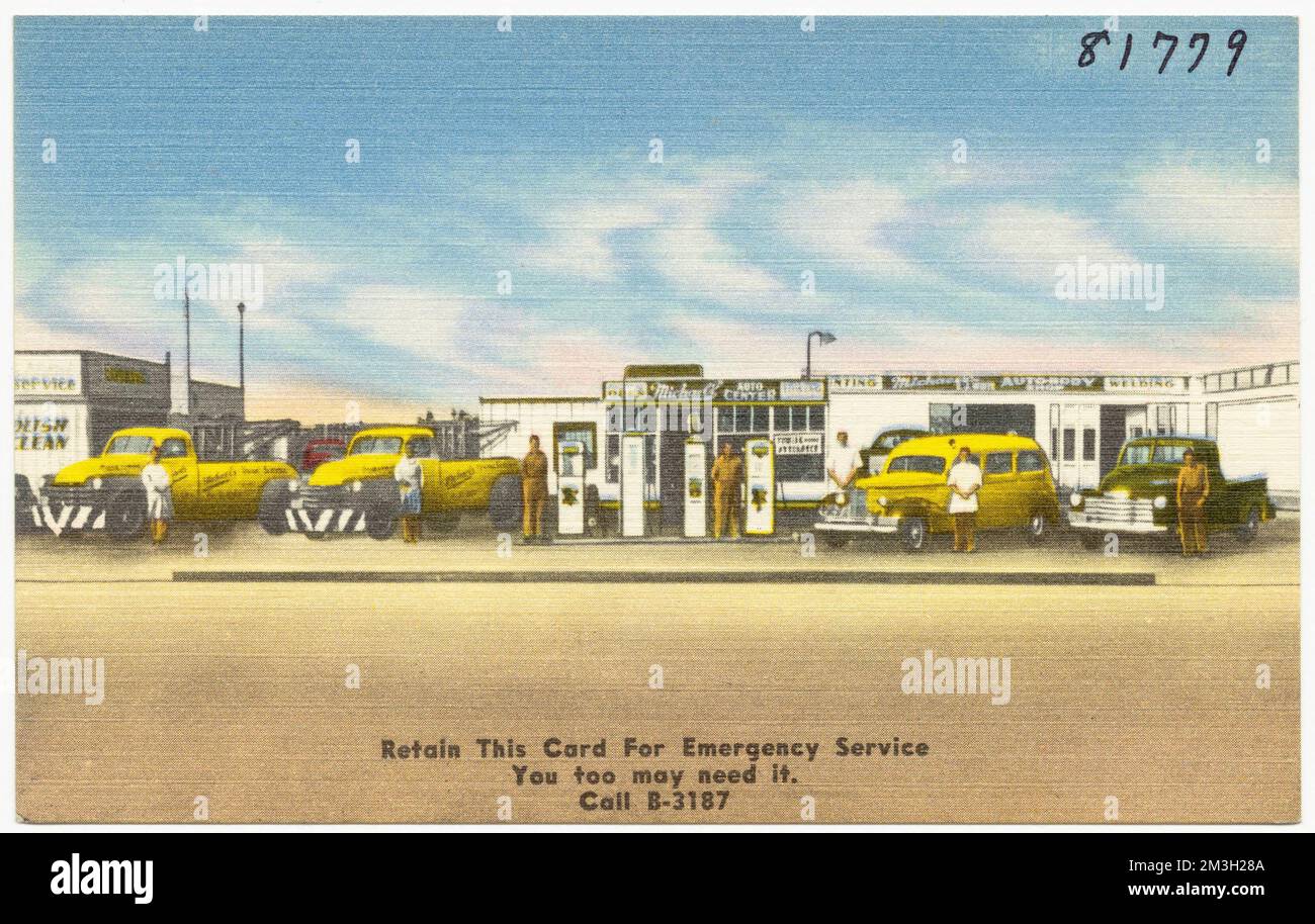 Michael's Auto Center, Automobil Tankstellen, Tichnor Brothers Collection, Postkarten der Vereinigten Staaten Stockfoto