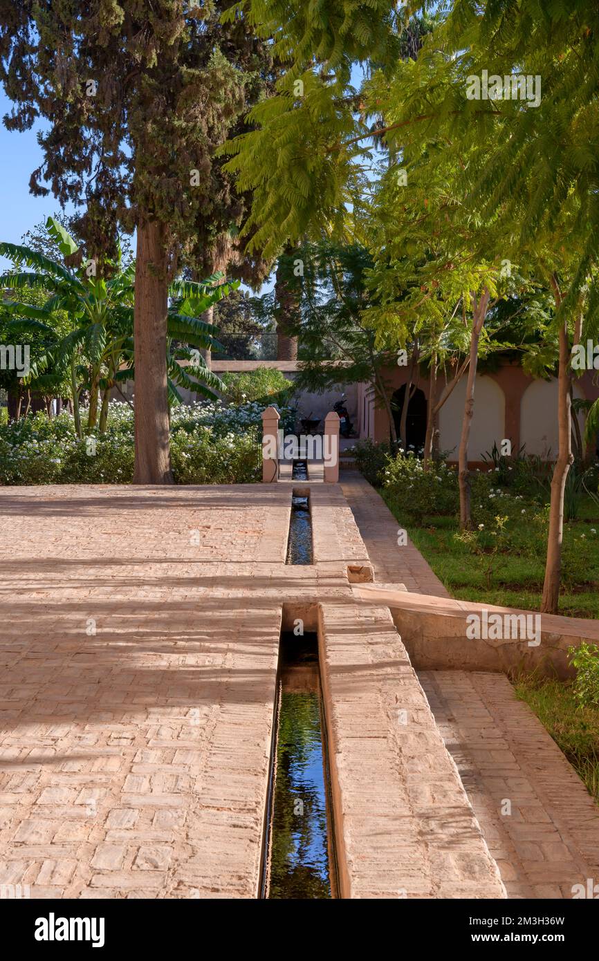 Menara Gardens - ein historischer öffentlicher Garten und Obstgarten in Marrakesch, Marokko. Gegründet im 12.. Jahrhundert vom Almohad Kalifat-Herrscher Abd al-Mu'Min. Stockfoto